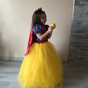 May include: A young girl dressed as Snow White in a blue and red sequined bodice, a red cape, and a yellow tulle skirt. She is holding a yellow apple.