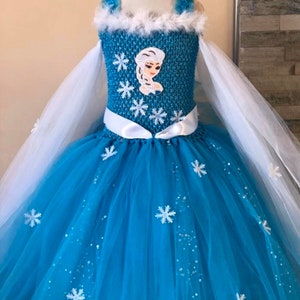 Pode incluir: Um vestido de tule azul com uma faixa de cetim branco e uma capa de tule branco. O vestido é decorado com flocos de neve brancos e um corpete azul brilhante com uma imagem bordada de Elsa de Frozen.