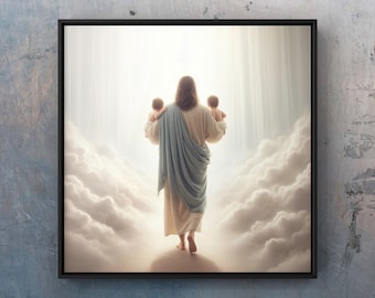Twins Memorial Wall Art, Christian Artwork, Jesus Holding Two Babies in Heaven Painting