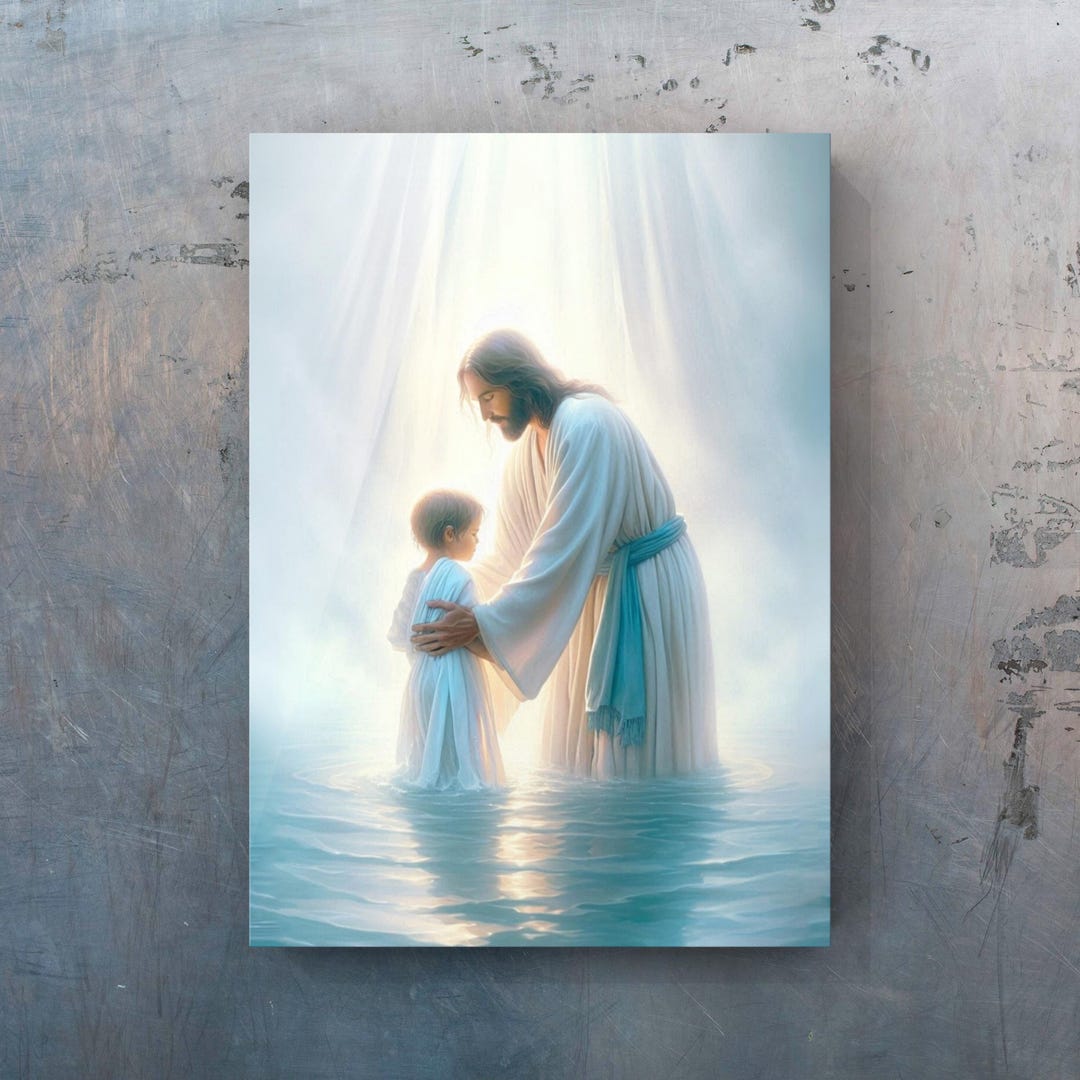 Jesus Baptizing Young Child Poster Painting Print, Religious Wall Art
