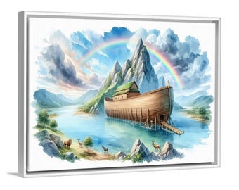 Noah's Ark Watercolor Print: Christian Nursery Art, Kids Bible Decor Picture, Safari Animals