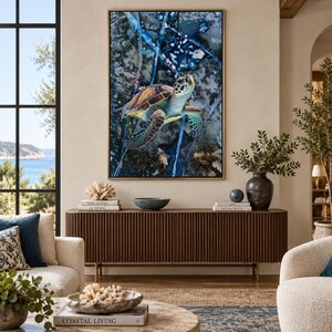 Sea Turtle Art Print: Coastal Watercolor Painting, Original Cyanotype Artwork, Underwater Marine Life