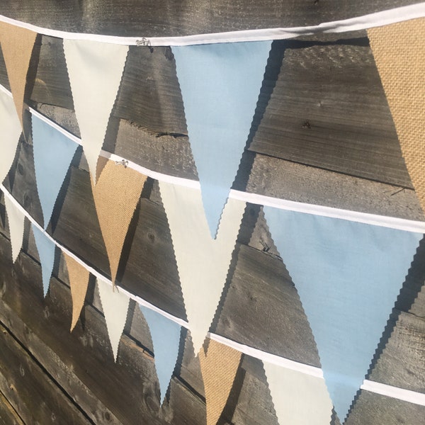 PALE BLUE BUNTING Hessian With White or Ivory Plain Flags Handmade Rustic Banner Wedding  Shabby Chic from 10ft - 40ft vintage festival