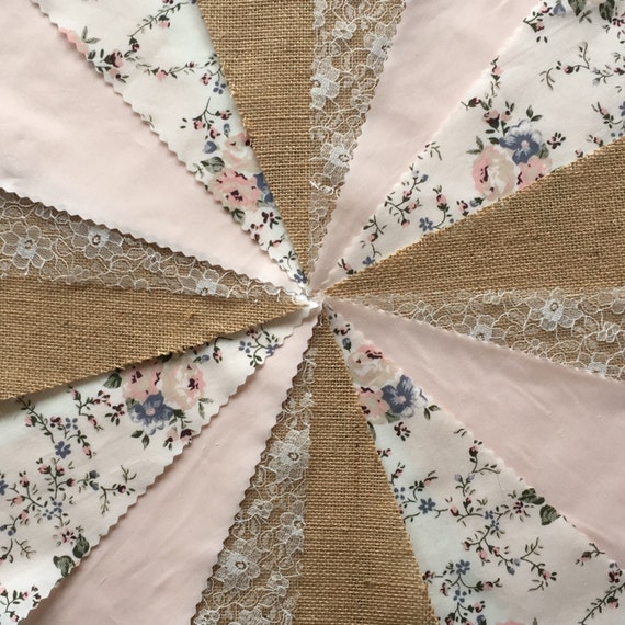 Fabric wedding bunting Hessian Ivory lace Vintage floral baby blue flags 10 mt