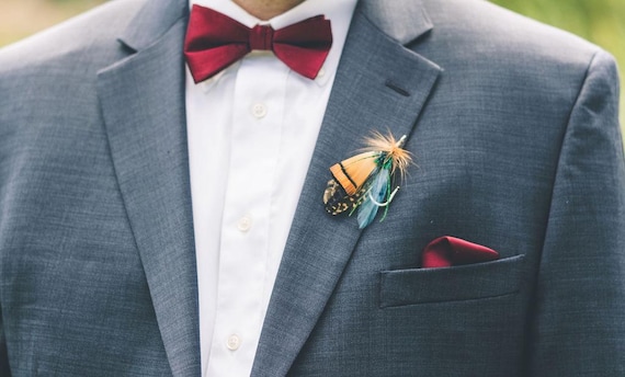 Fly fishing boutonniere wedding fishing boutonniere fly fishing wedding coastal boutonnière custom lapel pin feather boutonnières hook