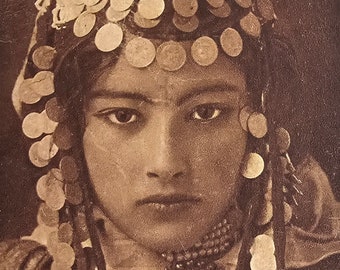 Enigmatic Moroccan Beauty by Lehnert & Landrock /// North African Tribal Headdress /// Original Antique French Postcard // Year 1920