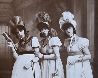 Napoleonic Ladies /// Fancy Women Portrait in Imperial Theatrical Costumes /// Original Antique French Real Photo Postcard /// Year 1920!!!