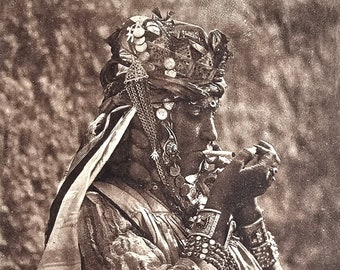 North Africa /// Tribal Woman /// Smoking Portrait /// Original Antique French Postcard /// Year 1920