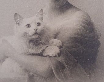 Meeeooow... /// Woman with Cat /// Feline Friend /// Adorable Pet Portrait /// Original Antique Belgian Postcard /// Year 1914