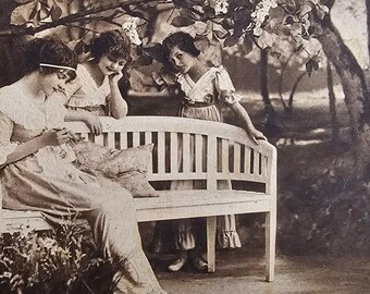 Knitting Lesson /// Mother and Children /// Woodland Girls /// Original Antique Belgian Postcard /// Year 1914