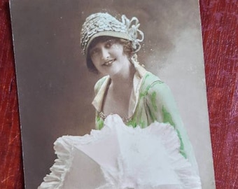 1919 Vintage FRENCH Real Photo Postcard Lovely Fashion Sweet BOY and GIRL holding hands