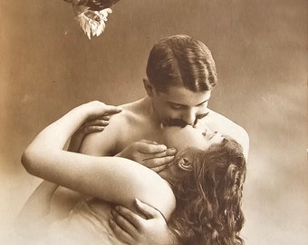 Rare Kissing Couple Fantasy Under Loving Birds /// Sensual Whimsical Romance /// Original Antique French Postcard /// Year 1914!!