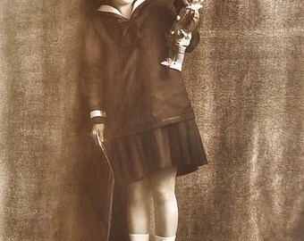 Flapper Woman Portrait with Dolls /// Unusual Sailor Costume /// Theatrical Scene /// Original Antique German Postcard /// Year 1924