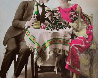 New Year's Celebration in Belgium /// Parisian Couple Festive Portrait /// Original Antique French Postcard /// Year 1924