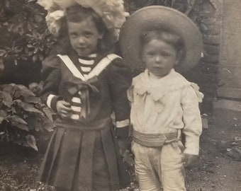 Belle Epoque Children Portrait /// Adorable Couple /// Lovely Fashion Outfits /// Original Antique French Real Photo Postcard /// Year 1905!