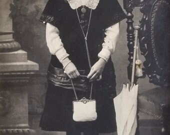 Young Mademoiselle Fashion Portrait with Fancy Handbag /// Original Antique French Real Photo Postcard /// Year 1909