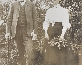 Intriguing Couple Portrait /// Edwardian Lady with Gentleman /// Woodland /// Original Antique French Real Photo Postcard /// Year 1904!