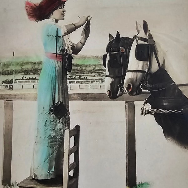 Surreal Equestrian Portrait /// Woman and Horses /// High Society Polo Fantasy /// Original Antique Spanish Postcard /// Year 1916