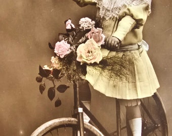 Belle Epoque Little Girl /// Floral Portrait on Bicycle /// Original Antique French Postcard /// Year 1908