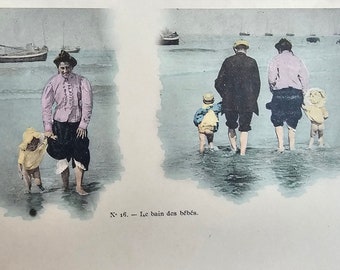 Victorian Summer /// Edwardian Family Seaside /// Mother and Child /// Bathing Babies /// Original Antique French Postcard /// Year 1900