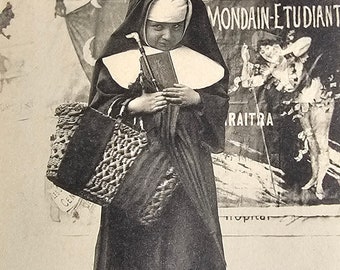 Belle Epoque Paris Nun /// Sweet Little Girl in Religious Costume /// Moulin Rouge Art /// Original Antique French Postcard /// Year 1904!!!