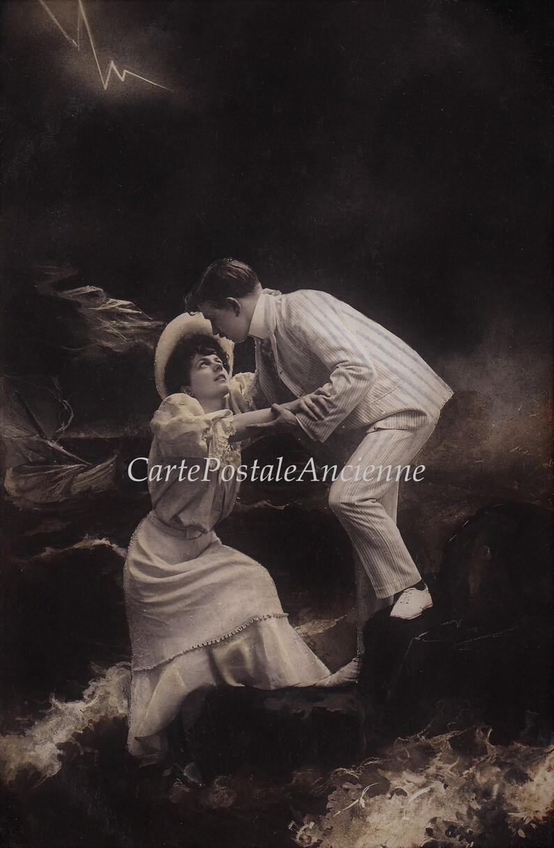 Titanic Love  Sea Storm  Year 1912  Edwardian Nautical Couple  Dramatic Passionate Scene  Original Antique  French Rare Postcard