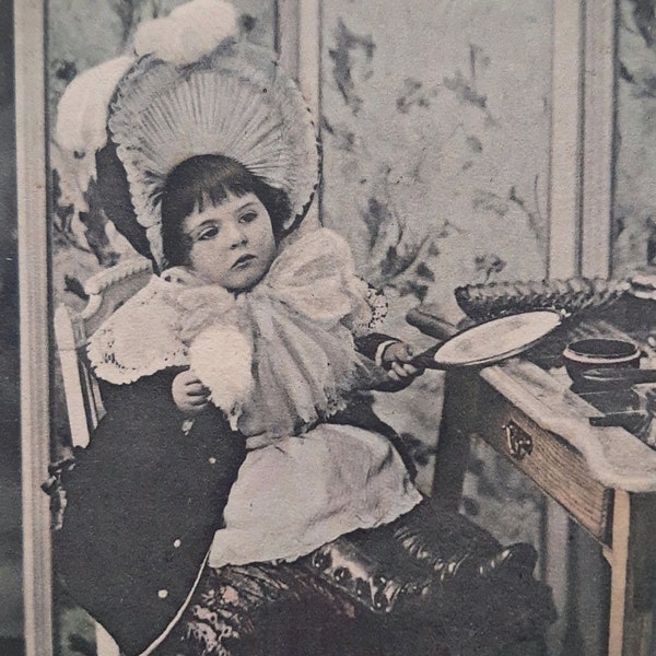 Belle Epoque Child /// Edwardian Little Girl Portrait /// Adorable Dressing Table /// Original Antique French Postcard /// Year 1905