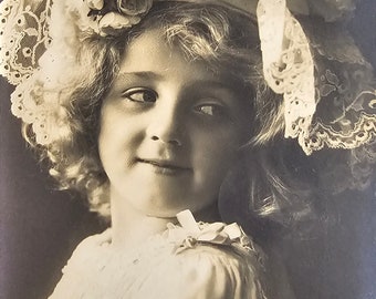 Victorian Lace Bonnet /// Edwardian Little Girl Portrait /// Fancy Fashion /// Original Antique Belgian Postcard /// Year 1908