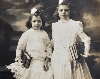 Edwardian School Girls from Gent /// Children Studio Portrait /// Original Antique Belgian Real Photo Postcard /// Year 1911