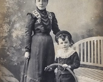 Mother and Child Portrait /// Edwardian Fashion /// Brussels Couturier /// Original Antique Belgian Real Photo Postcard /// Year 1905