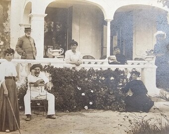 Suspenseful Group Portrait /// Unusual Ladies and Gentlemen /// Original Antique French Real Photo Postcard /// Year 1906