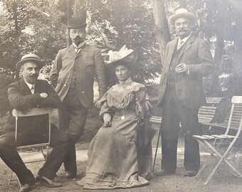 Edwardian Woman Portrait with Enigmatic Gentlemen /// Belle Epoque Fashion /// Original Antique French Real Photo Postcard /// Year 1905