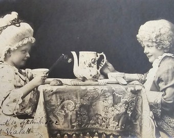 Rococo Tea Time at Versailles /// Victorian Children in Historical Costumes /// Original Antique Swiss French Postcard /// Year 1902