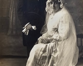 Bridal Couple /// Wedding Couple Studio Portrait /// Original Antique French Real Photo Postcard /// Year 1920