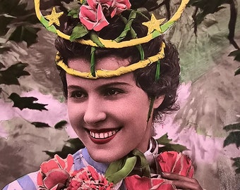 Unusual Cosmic Kitsch Headdress /// Woman Portrait with Roses /// Catherine's Day /// Original Vintage French Postcard /// Year 1940