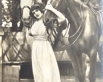 Woman and Horses /// Equestrian Friendship /// Edwardian Romantic Lady /// Original Antique Spanish Postcard /// Year 1912