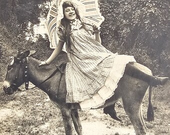 Unusual Donkey Ride /// Edwardian Woman /// Fancy Woodland /// Original Antique French Postcard /// Year 1907!