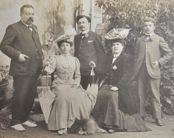Victorian Ladies and Gentlemen /// Elegant Women Fashion /// Original Antique French Real Photo Postcard /// Year 1905