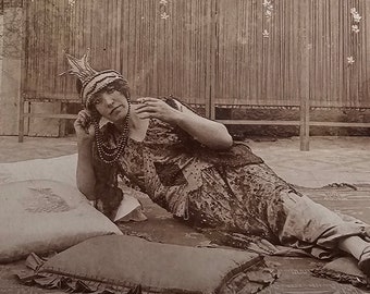 Rare Bohemian Fortune Teller Portrait /// Oriental Clairvoyant Poiret Costume /// Original Antique Spanish Real Photo Postcard /// Year 1918