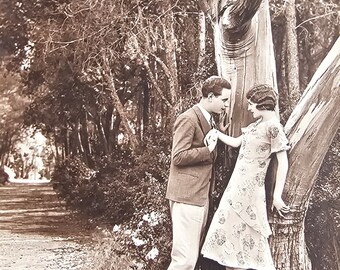 Woodland Couple Scene /// Parisian Park Romance /// Original Vintage French Postcard /// Year 1933