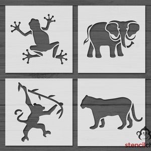 Jungle Stencil Bundle, Elephant, Tiger, Monkey and Tree Frog Stencil, Reusable or Vinyl Stencil, Kid Stencil kit for wood sign