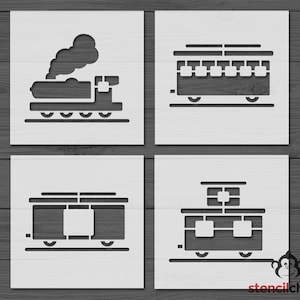 May include: Four black and white stencils of different types of trains. The stencils are on a woodgrain background.