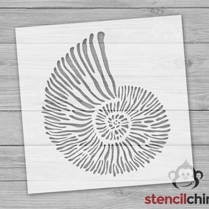 May include: A stencil of a nautilus shell with intricate details. The shell is depicted in a spiral shape with a central opening. The stencil is designed for crafting and decorating projects.