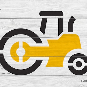 May include: Black and yellow stencil design of a road roller. The stencil is on a white wood background. The text "stencilchimp" is in the bottom right corner of the image.