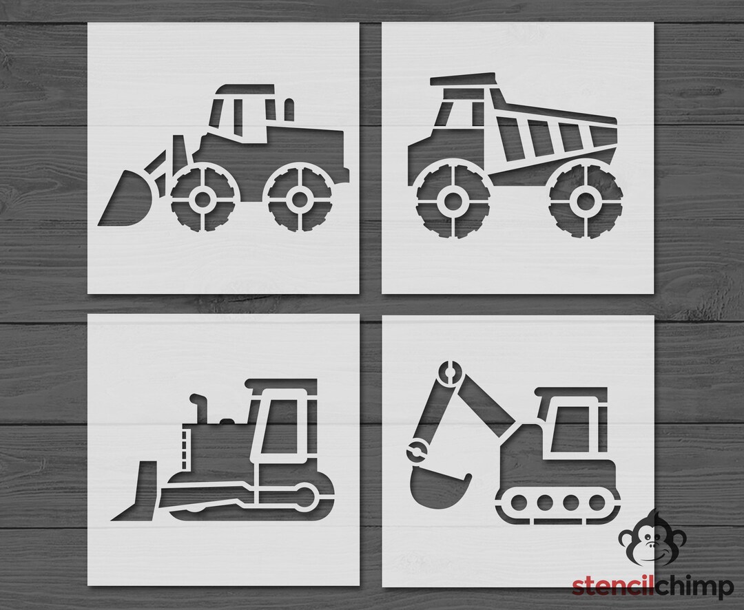 Construction Stencil Bundle, Dump Truck, Bulldozer, Excavator, Front