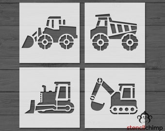 Construction Stencil Bundle, Dump Truck, Bulldozer, Excavator, Front End Loader, Reusable and Vinyl Stencils, 4 in one, Kid Stencil