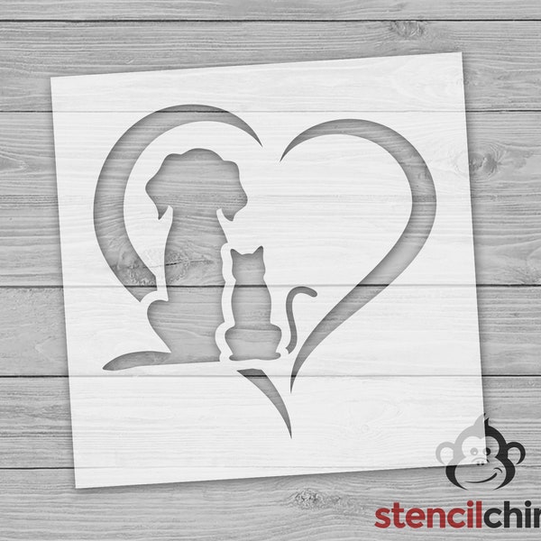 Hand Painted Heart With Dog and Cat for Wood Sign, Flowing Heart Outline Stencil for Pet Lovers, Gift for Animal Lover, Painting Stencil