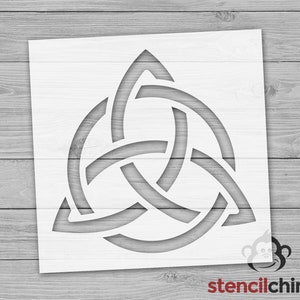 May include: A white stencil of a Celtic knot design, a traditional symbol of interconnectedness and eternity. The knot is made up of three interlacing circles, creating a complex and intricate pattern.