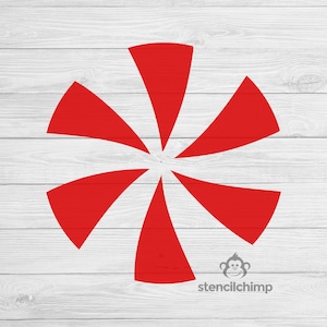 May include: Red and white peppermint swirl design, a popular Christmas motif, on a white wood background.  The design is a simple, symmetrical shape with a repeating pattern of red and white.
