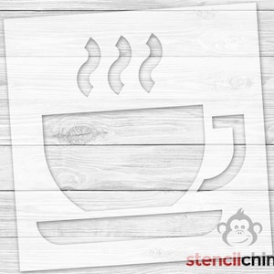 May include: White stencil of a coffee cup with steam rising from the top. The stencil is on a wood background. The text "stencilchimp" is at the bottom of the image.